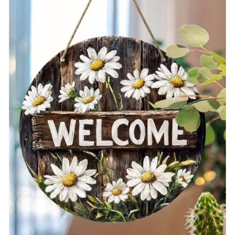 Rustic Daisy "Welcome" Compact 6" diameter Wooden Hanging Sign